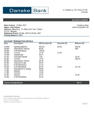 Lithuania (Litva) Danske bank statement template in Word and PDF format