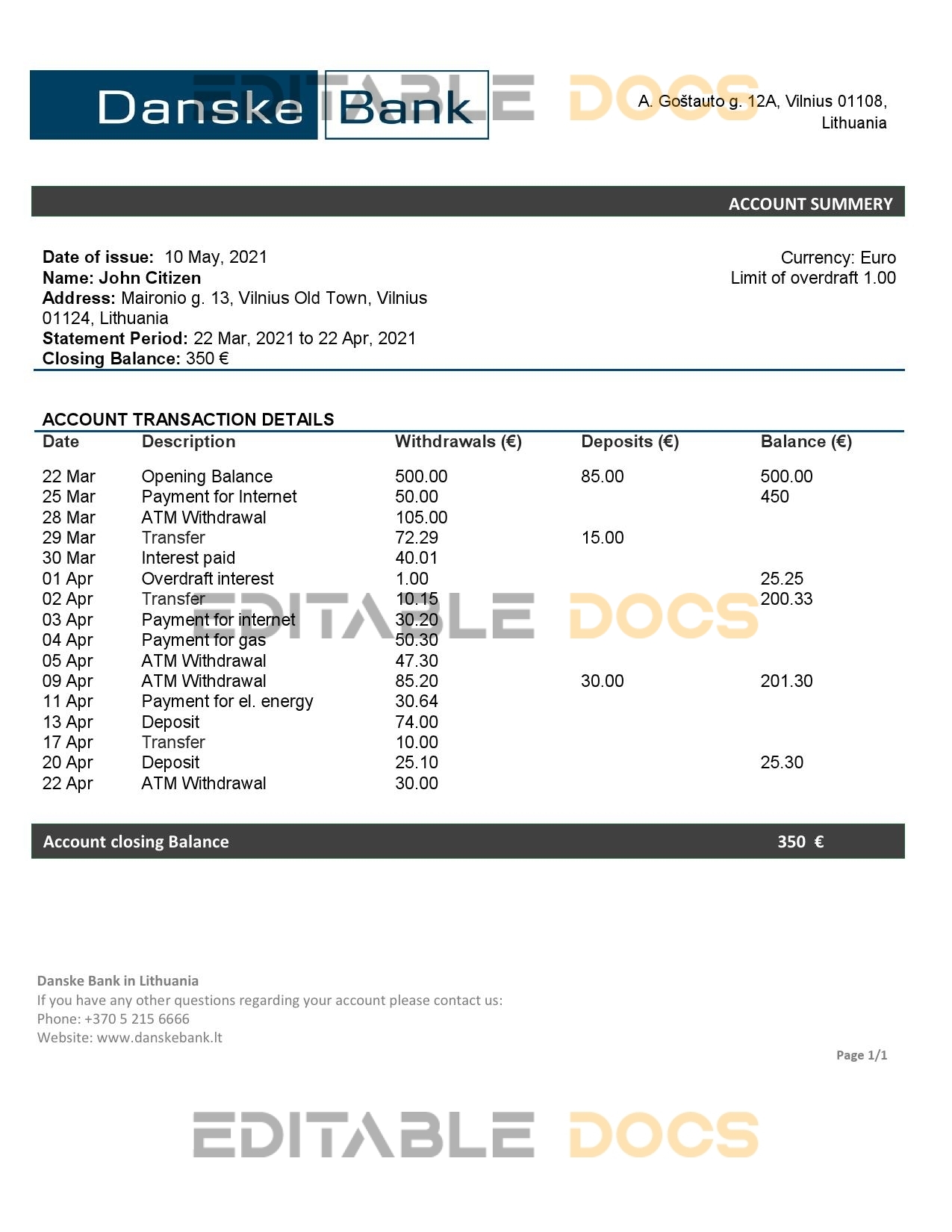 Lithuania (Litva) Danske bank statement template in Word and PDF format