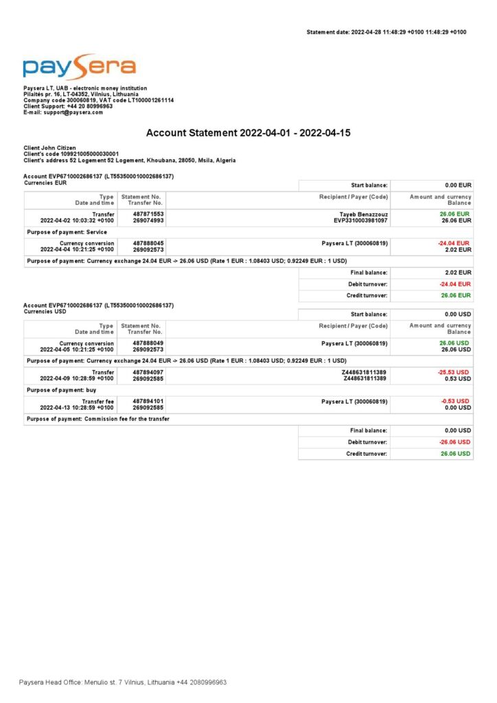 Lithuania Paysera account statement, Word and PDF template