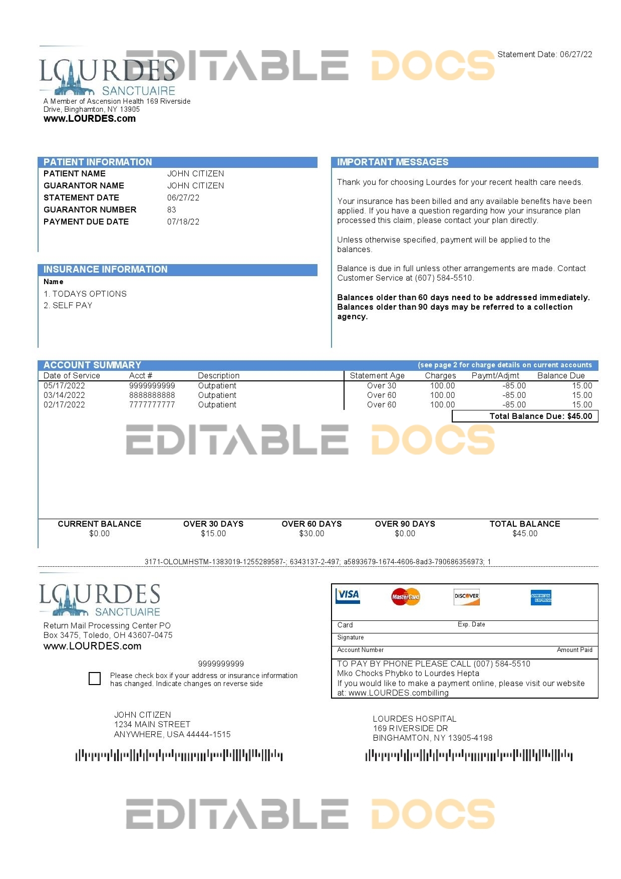 USA Lourdes utility bill template in Word and PDF format