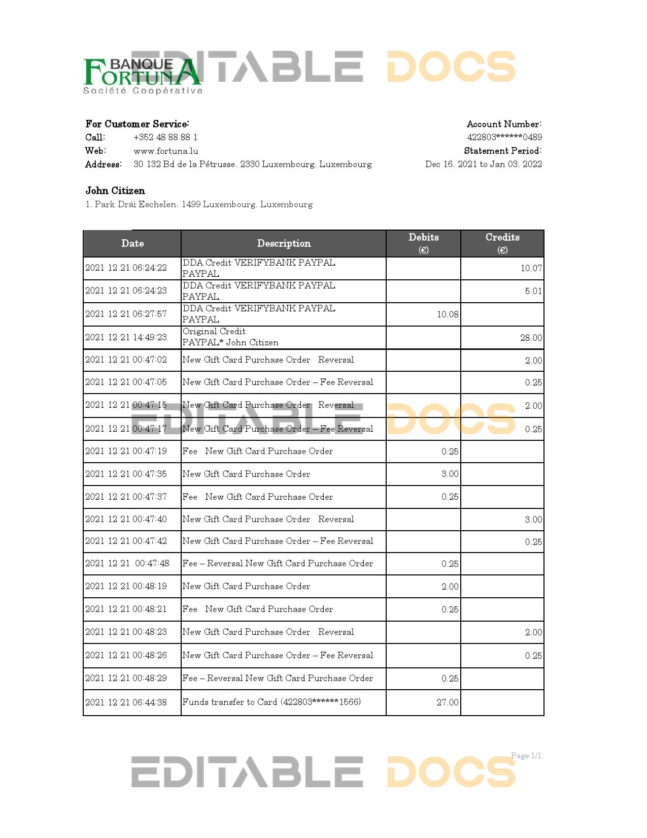 Luxembourg Fortuna Banque bank statement Excel and PDF template