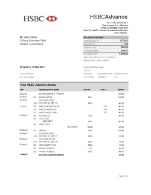 Luxembourg HSBC bank statement easy to fill template in Excel and PDF format