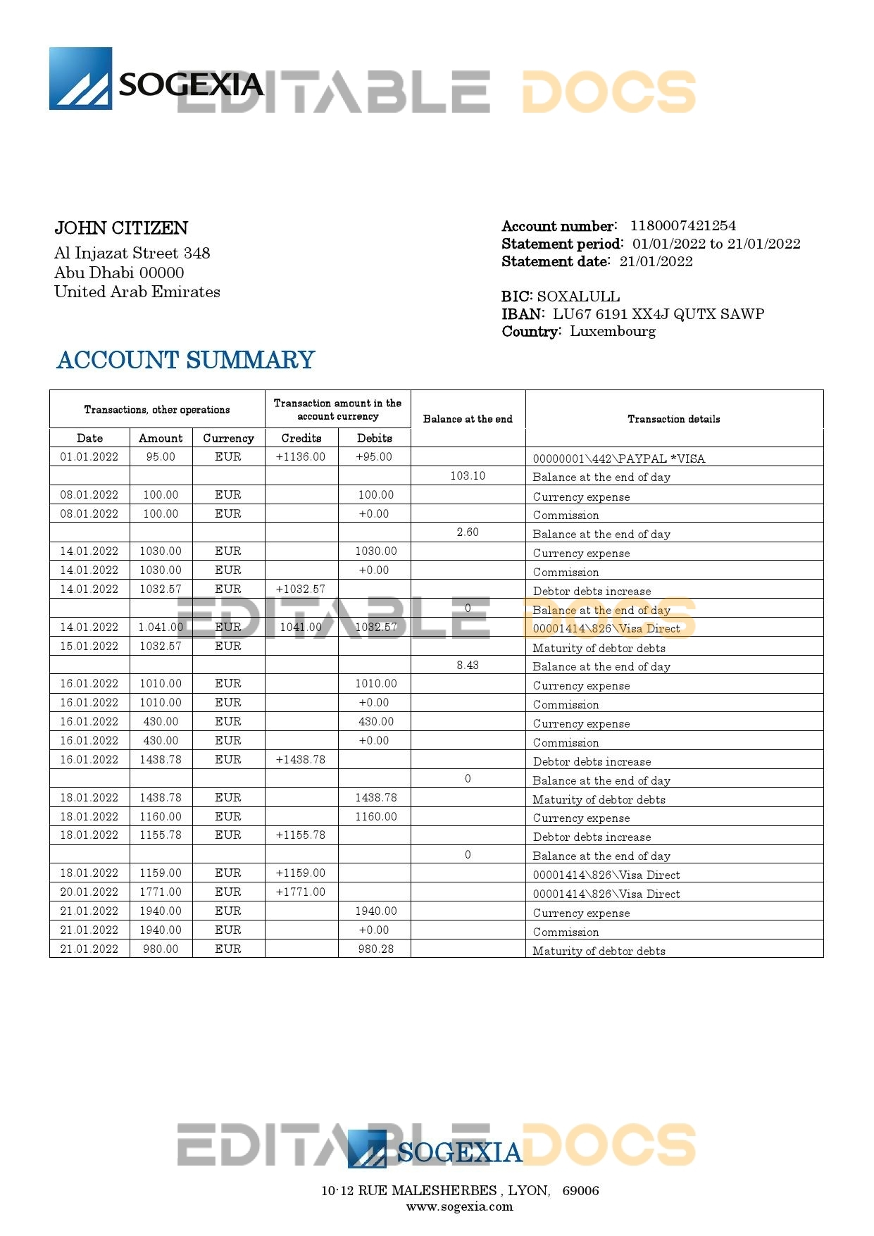 Luxembourg Sogexia Bank statement template in Word and PDF format