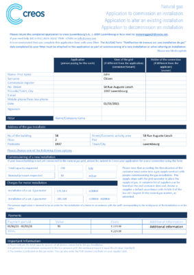 Luxembourg Creos gas utility bill template in Word and PDF format (.doc and .pdf)