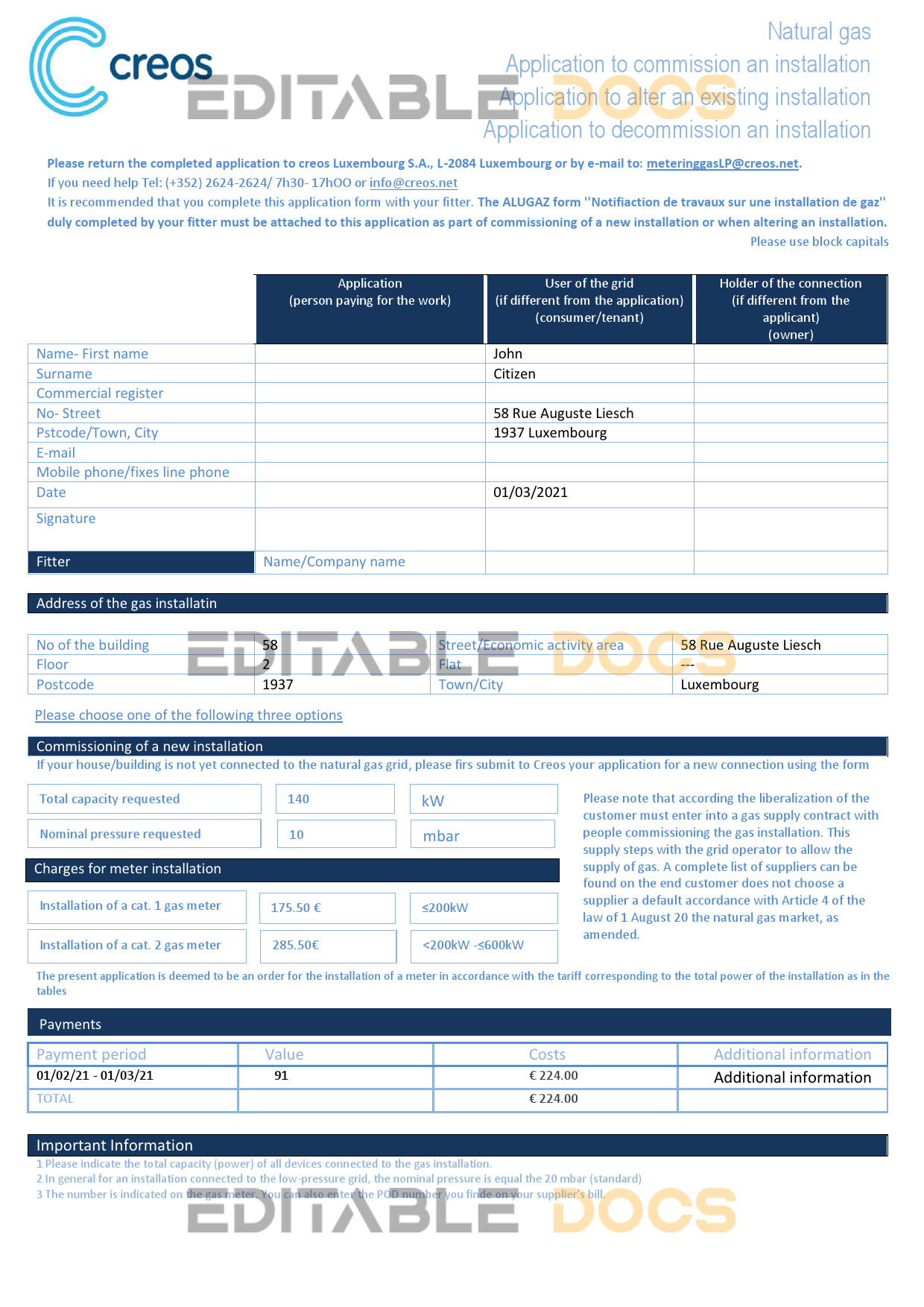 Luxembourg Creos gas utility bill template in Word and PDF format (.doc and .pdf)