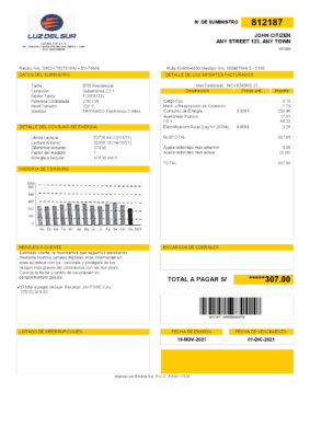 Peru Luz de Sur utility bill template in Word and PDF format, fully editable
