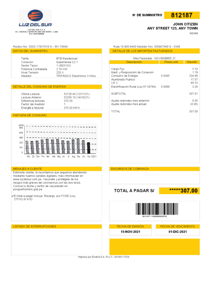 Peru Luz de Sur utility bill template in Word and PDF format, fully editable