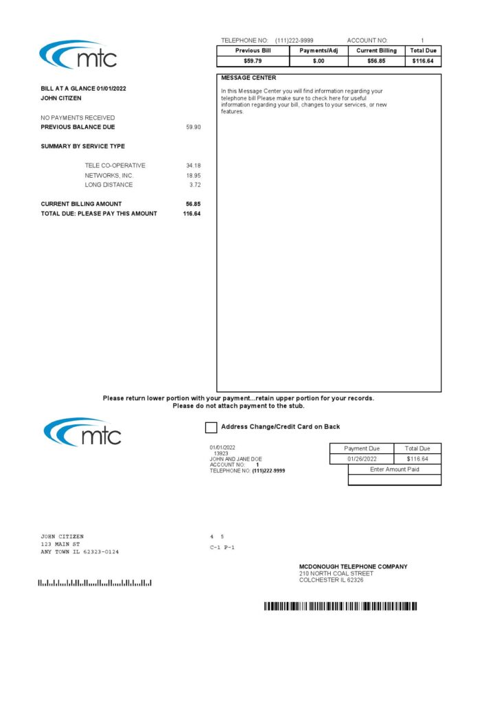 USA Illinois MTC utility bill template in Word and PDF format