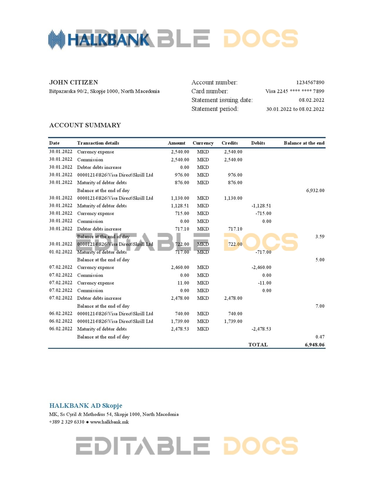 Macedonia Halkbank bank statement Excel and PDF template