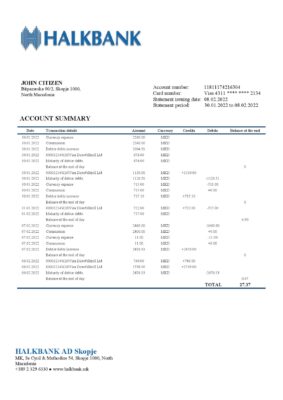 Macedonia Halkbank bank statement template in Word and PDF format