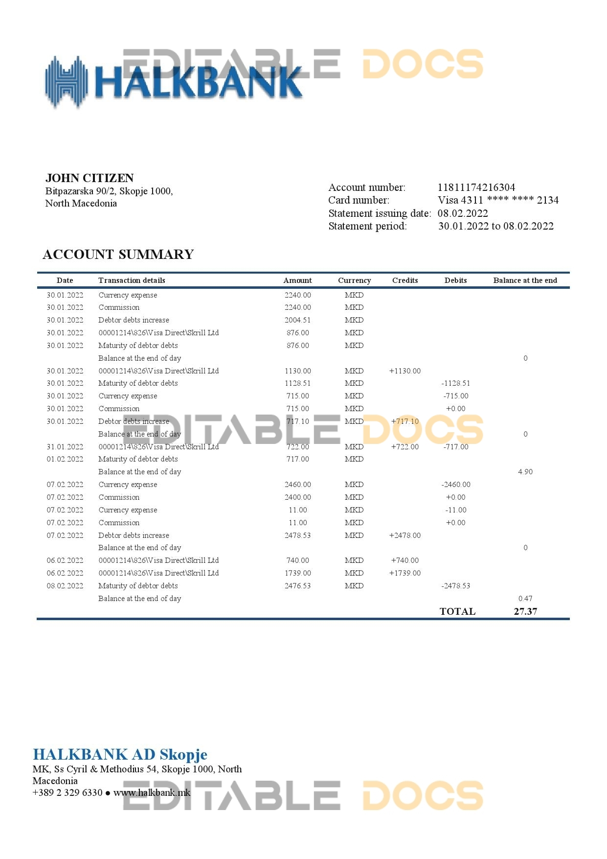 Macedonia Halkbank bank statement template in Word and PDF format