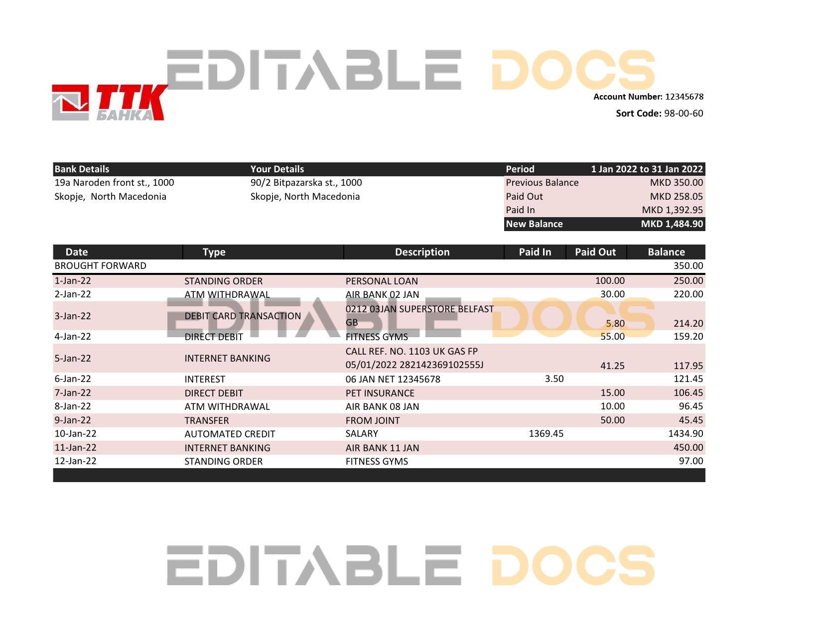 Macedonia TTK bank statement Excel and PDF template