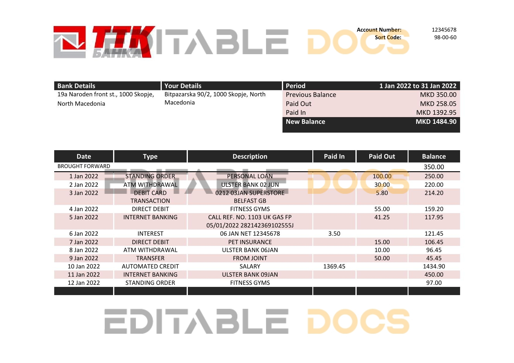 Macedonia TTK bank statement template in Word and PDF format