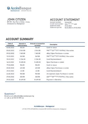 Madagascar Acces Banque bank statement template in Word and PDF format
