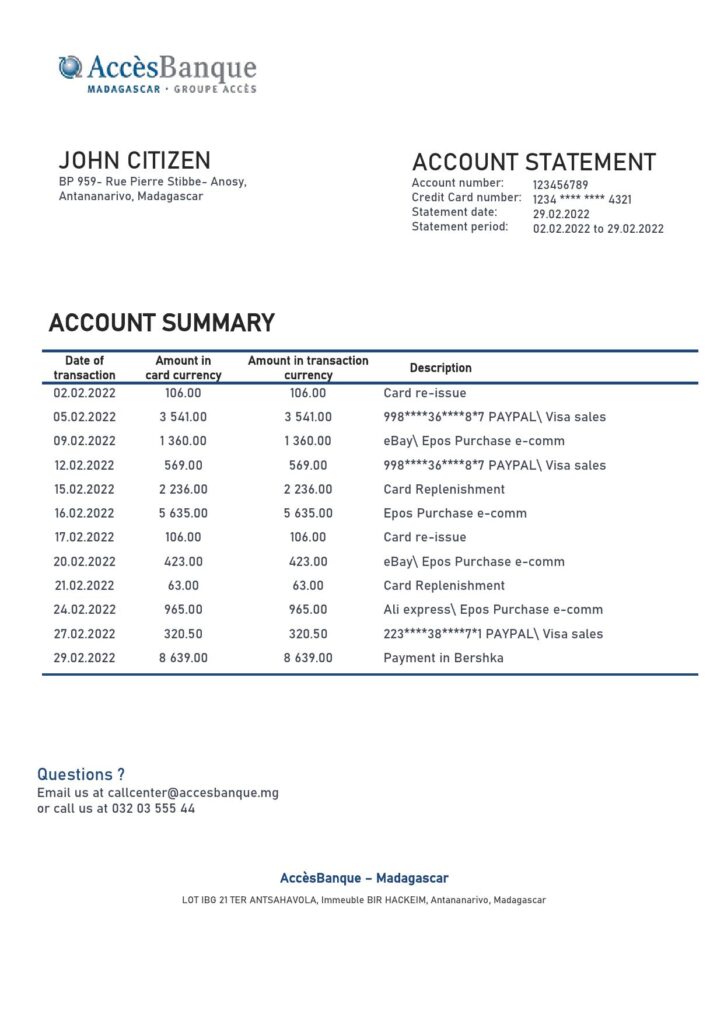 Madagascar Acces Banque bank statement template in Word and PDF format