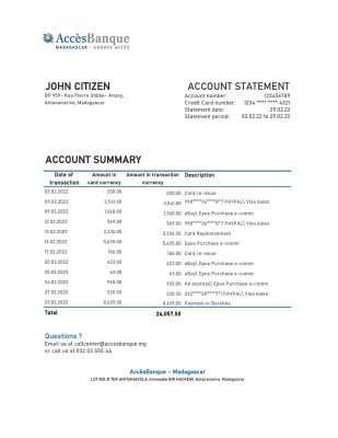 Madagascar Acces Banque statement Excel and PDF template