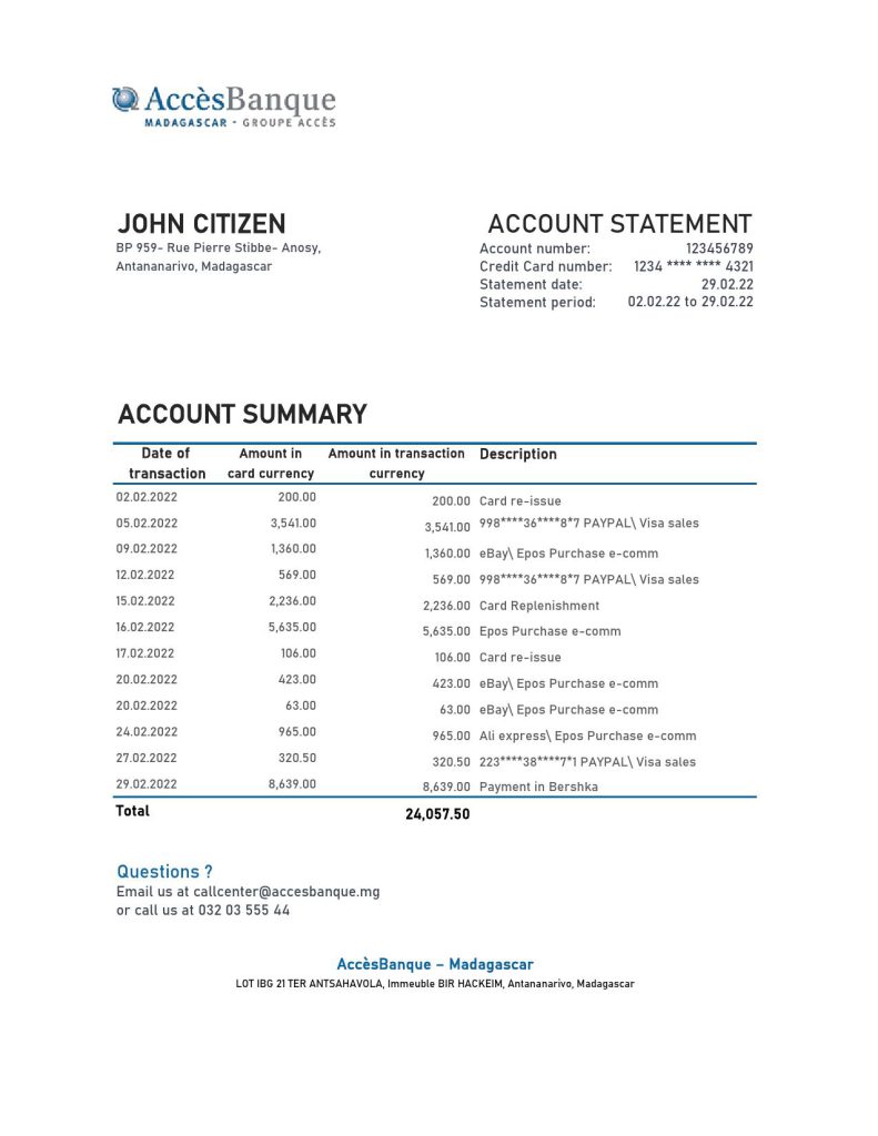 Madagascar Acces Banque statement Excel and PDF template