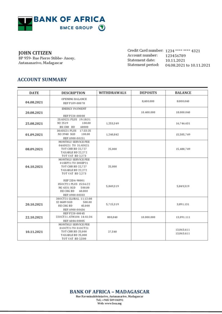 Madagascar Bank of Africa bank statement template in Word and PDF format