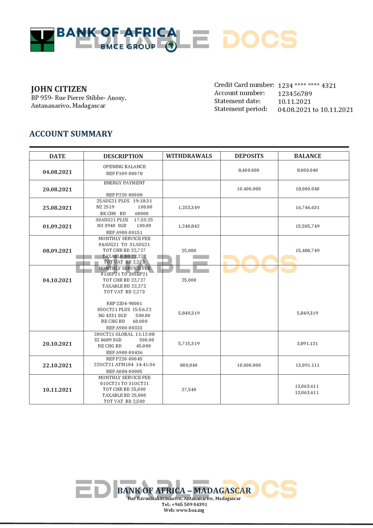 Madagascar Bank of Africa bank statement template in Word and PDF format