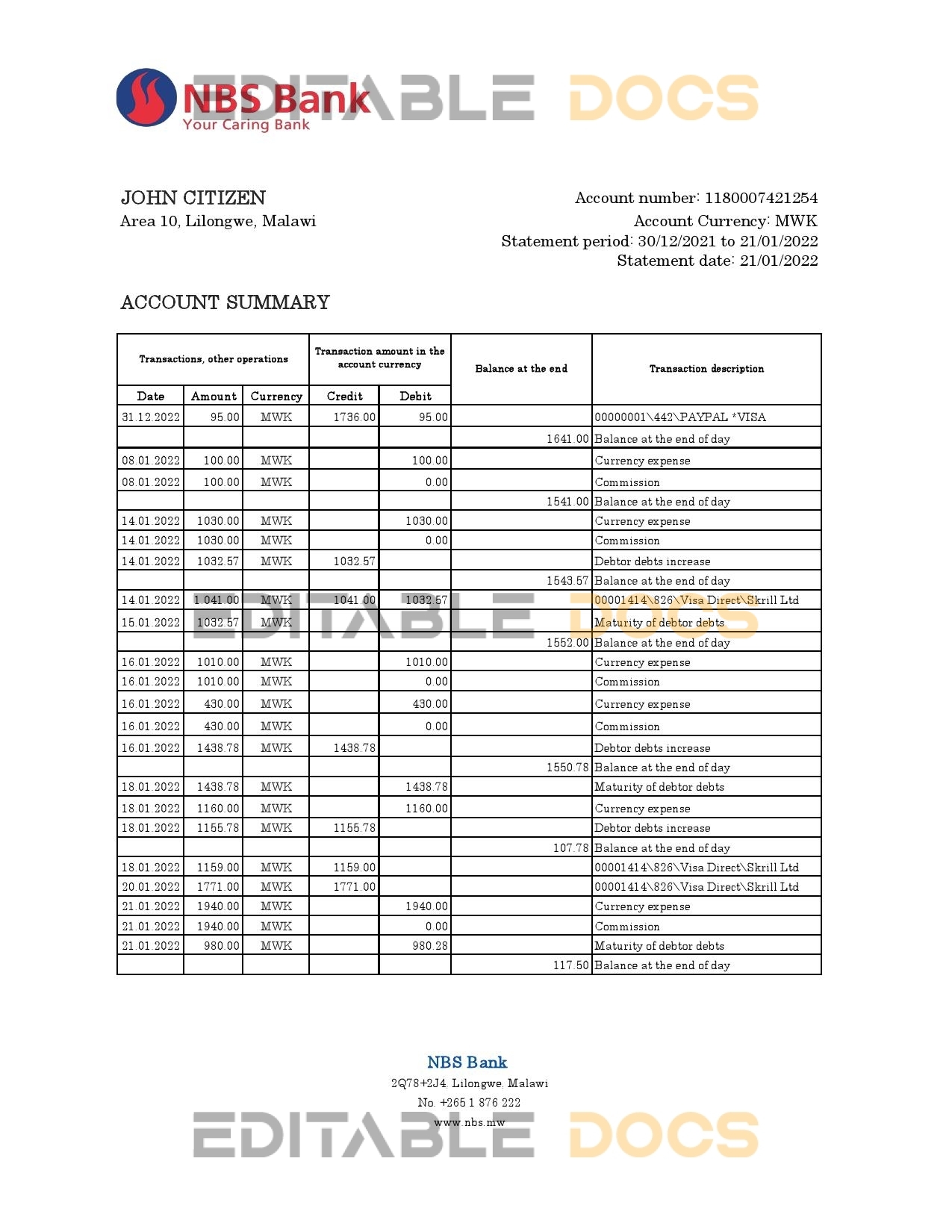 Malawi NBS bank statement Excel and PDF template