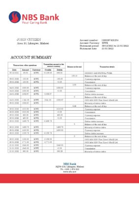 Malawi NBS bank statement template in Word and PDF format