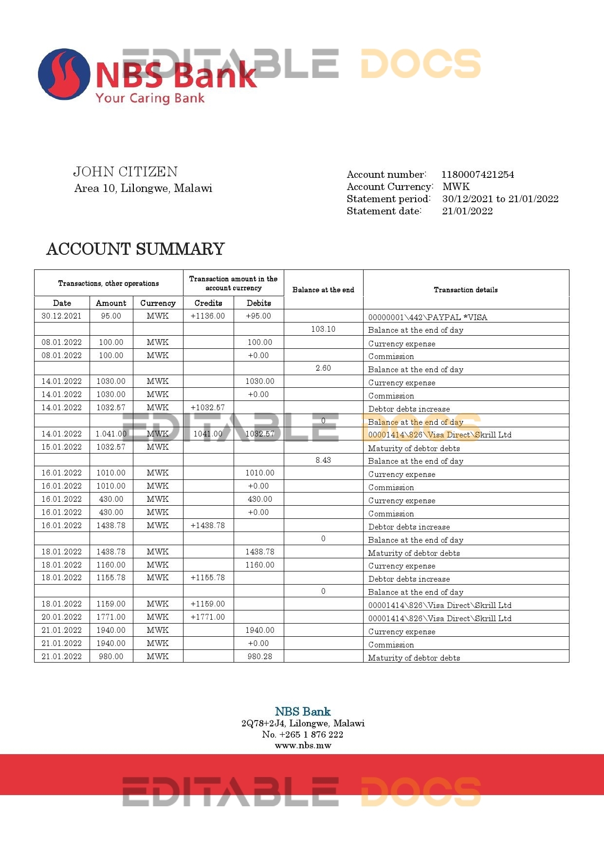 Malawi NBS bank statement template in Word and PDF format