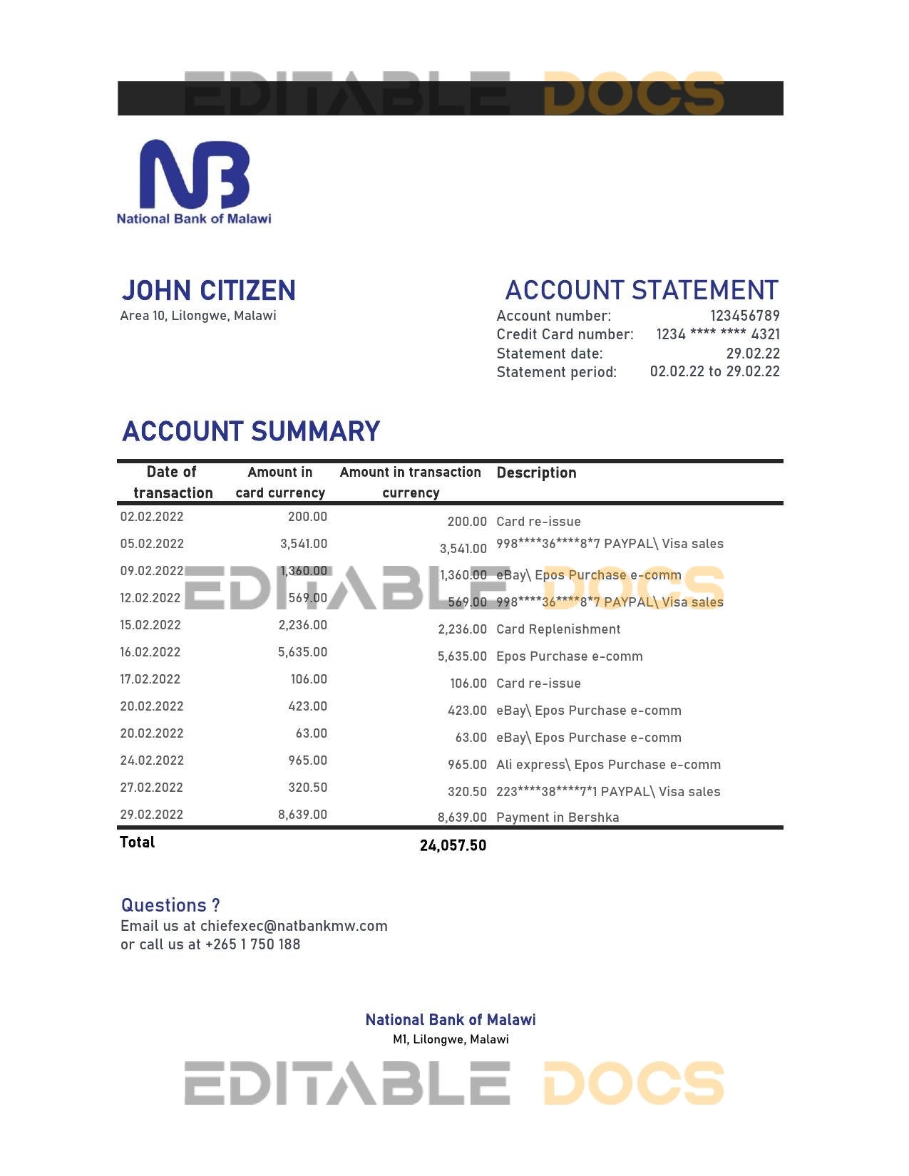 Malawi National Bank of Malawi bank statement Excel and PDF template