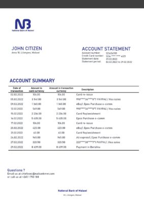 Malawi National Bank of Malawi bank statement template in Word and PDF format