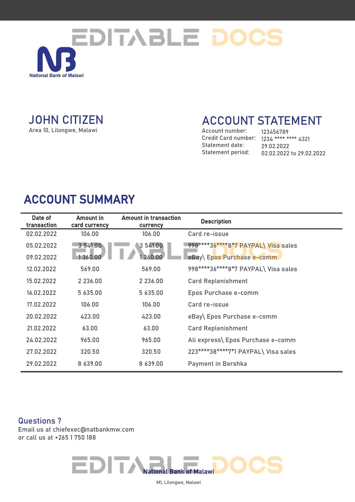 Malawi National Bank of Malawi bank statement template in Word and PDF format
