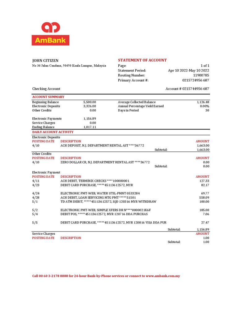 Malaysia AmBank bank statement Excel and PDF template