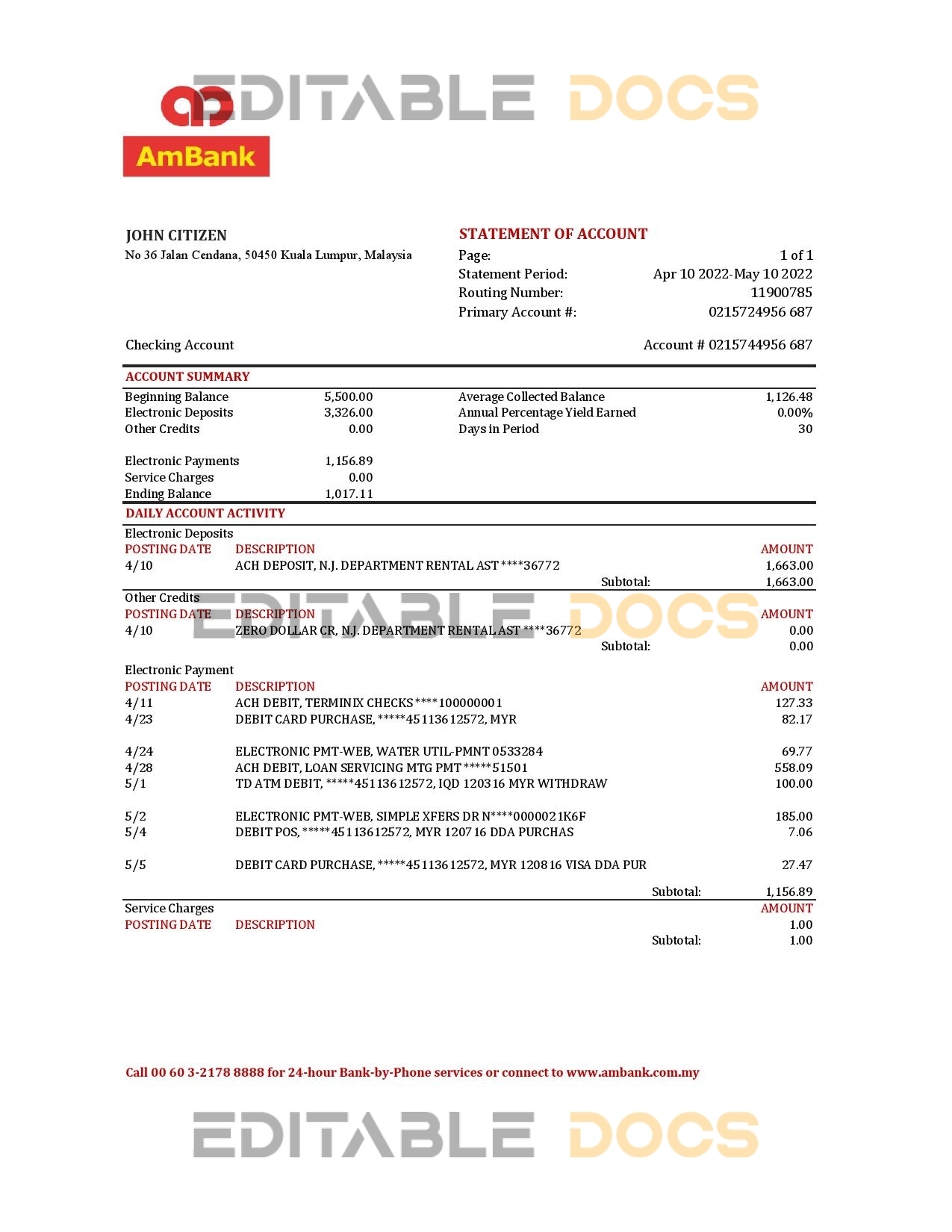 Malaysia AmBank bank statement Excel and PDF template