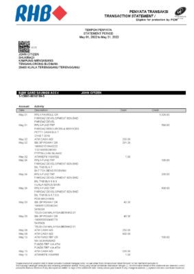 Malaysia Islamic RHB bank statement, Word and PDF template