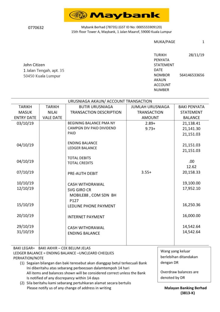 Malaysia Maybank bank statement template, Word and PDF format (.doc and .pdf)