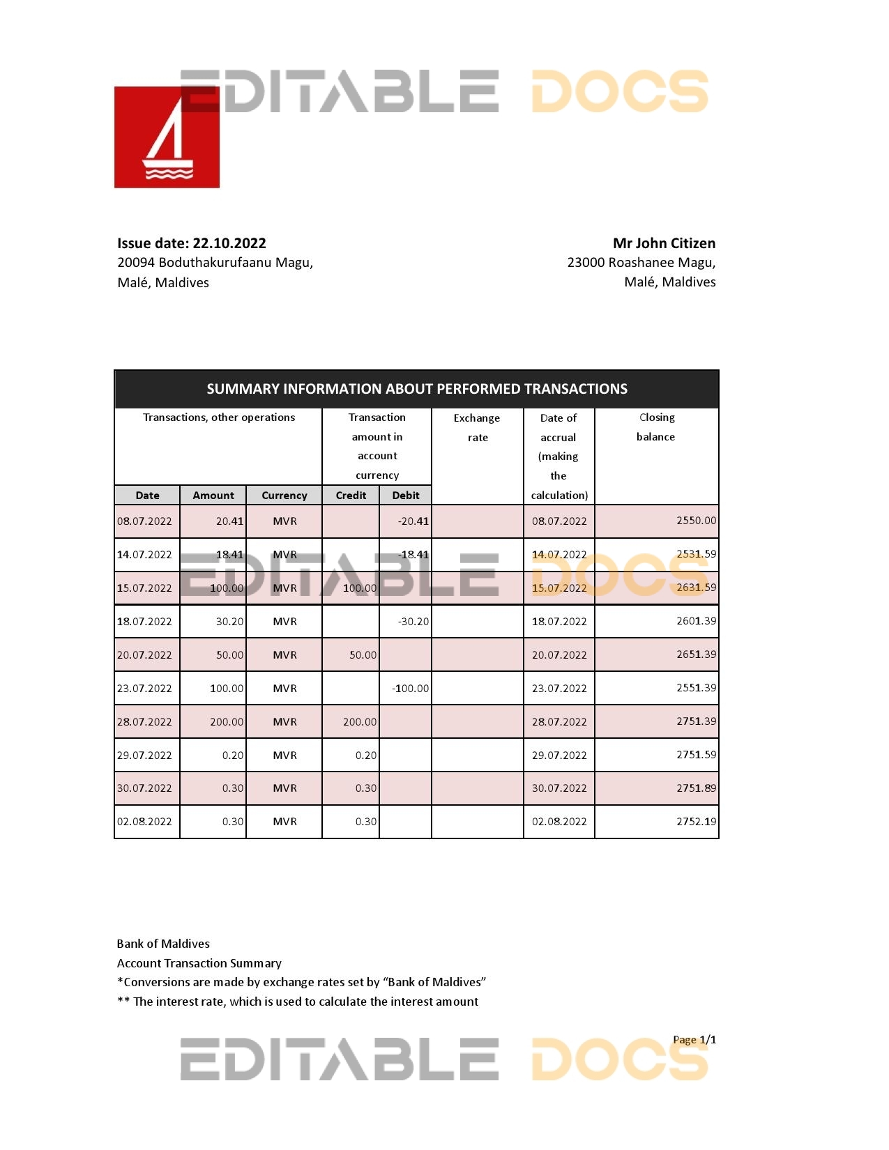 Maldives Bank of Maldives bank statement Excel and PDF template