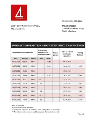 Maldives Bank of Maldives bank statement template in Word and PDF format
