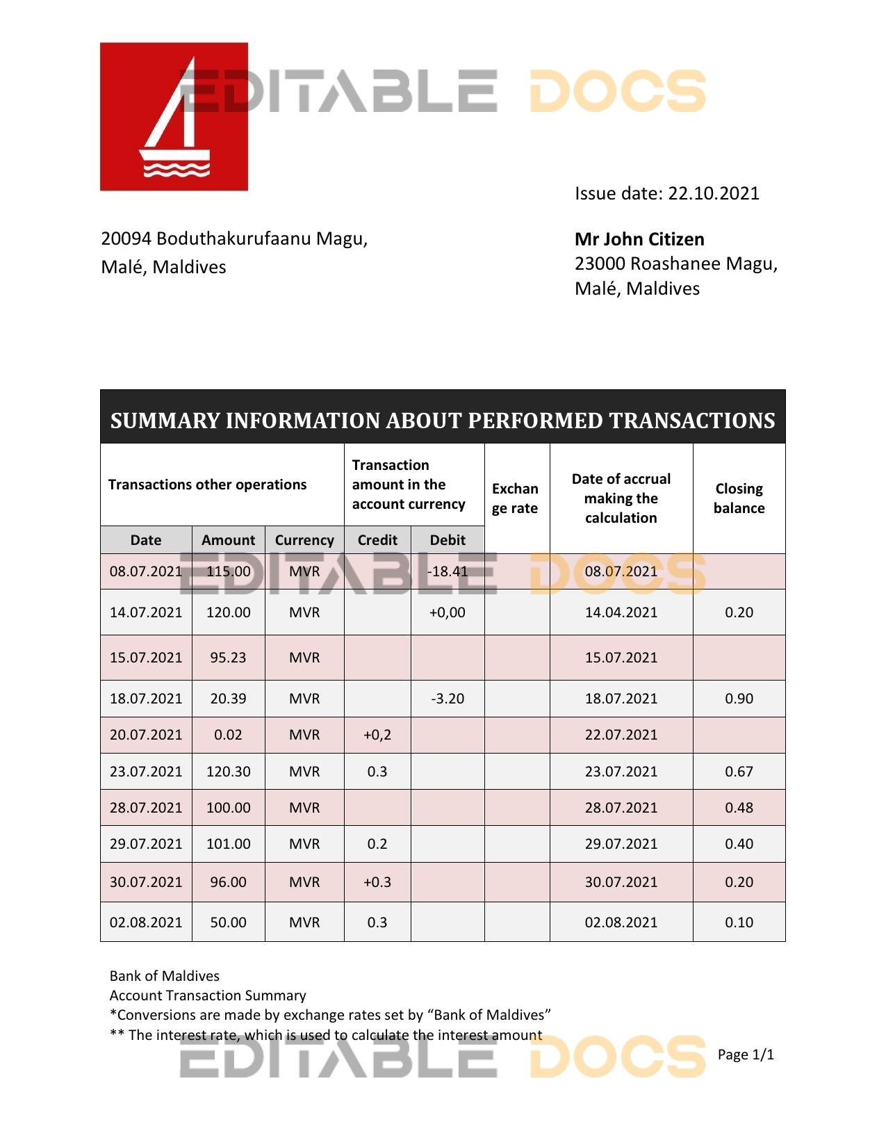 Maldives Bank of Maldives bank statement template in Word and PDF format