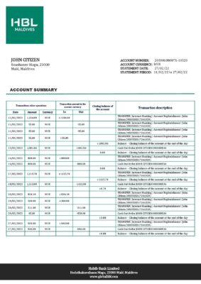 Maldives HBL bank statement template in Word and PDF format