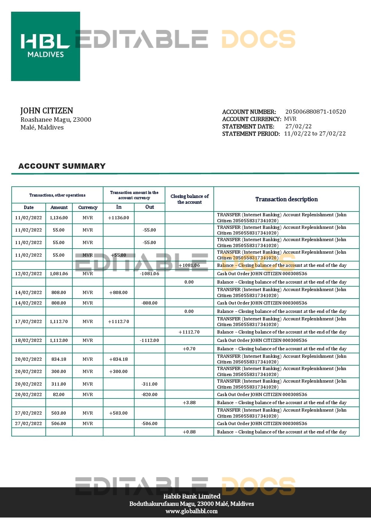 Maldives HBL bank statement template in Word and PDF format