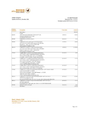 Mali Banque Atlantiaque bank statement Excel and PDF template