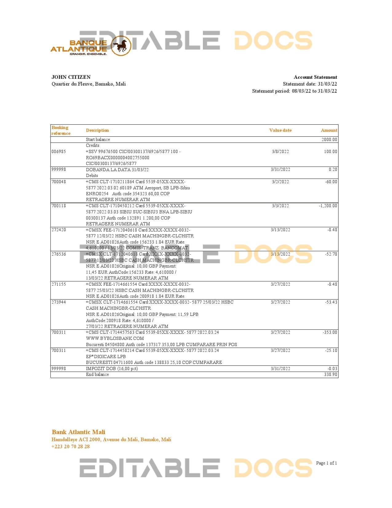 Mali Banque Atlantiaque bank statement Excel and PDF template