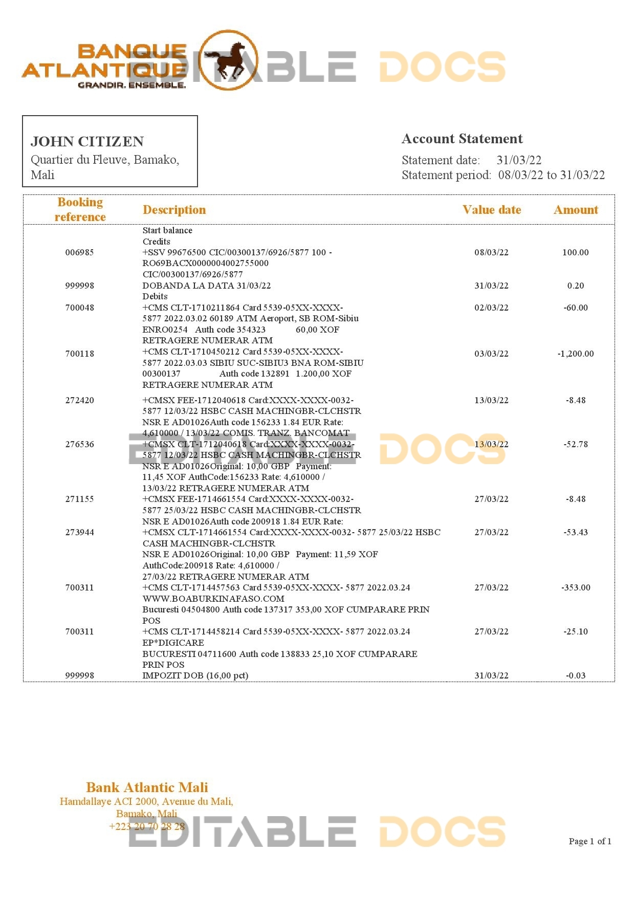 Mali Banque Atlantiaque bank statement template in Word and PDF format, .doc and .pdf format