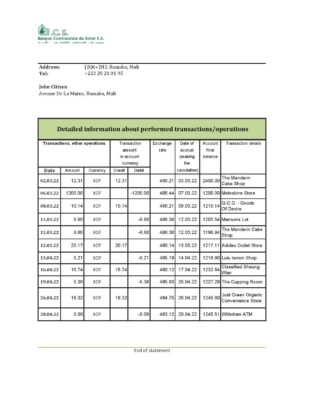 Mali Banque Commerciale du Sahel bank statement Excel and PDF template