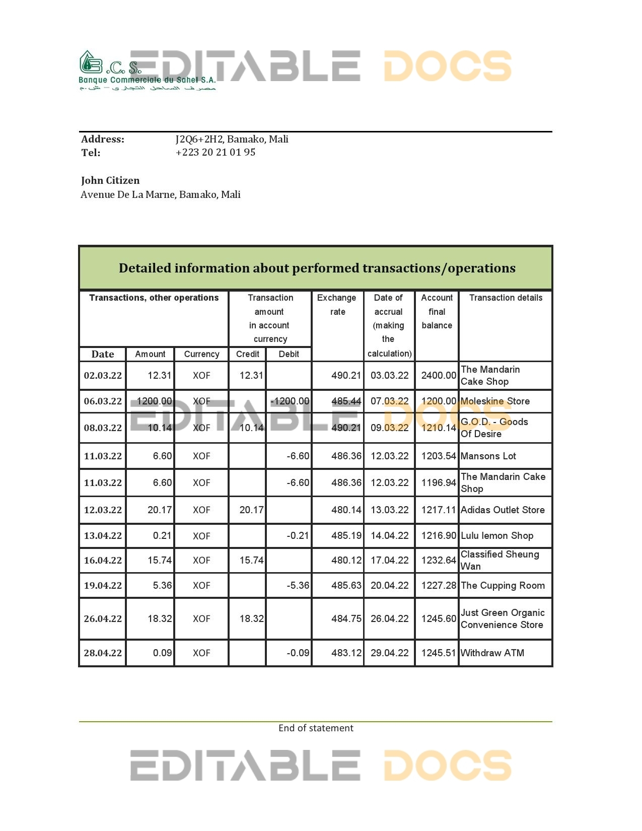 Mali Banque Commerciale du Sahel bank statement Excel and PDF template