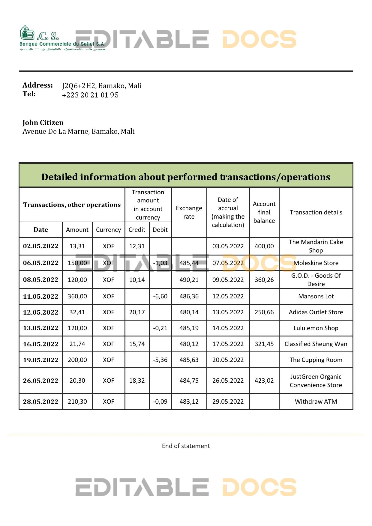 Mali Banque Commerciale du Sahel bank statement template in Word and PDF format, .doc and .pdf format