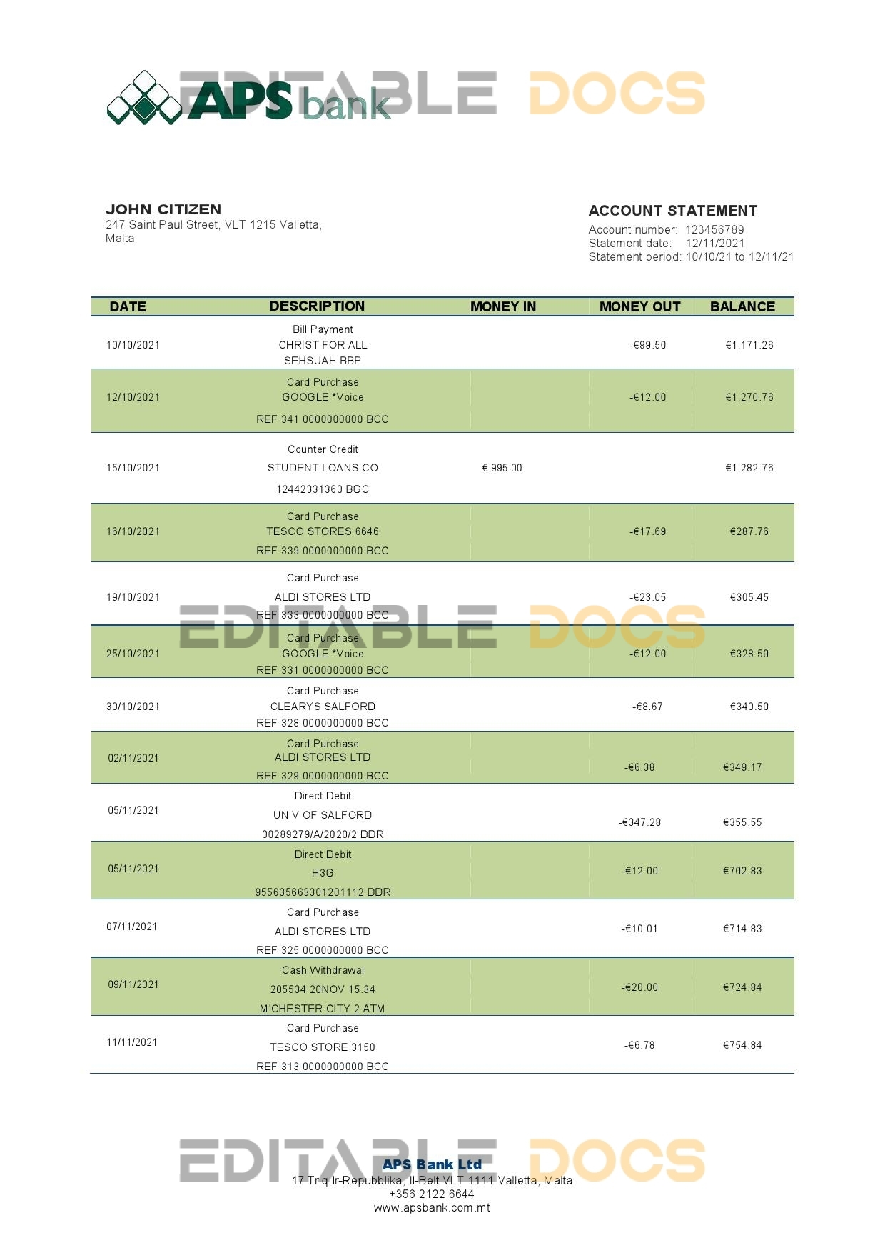 Malta APS bank statement template in Word and PDF format