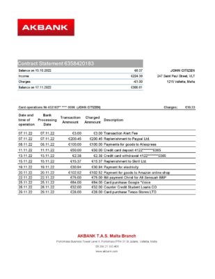 Malta Akbank bank statement Excel and PDF template