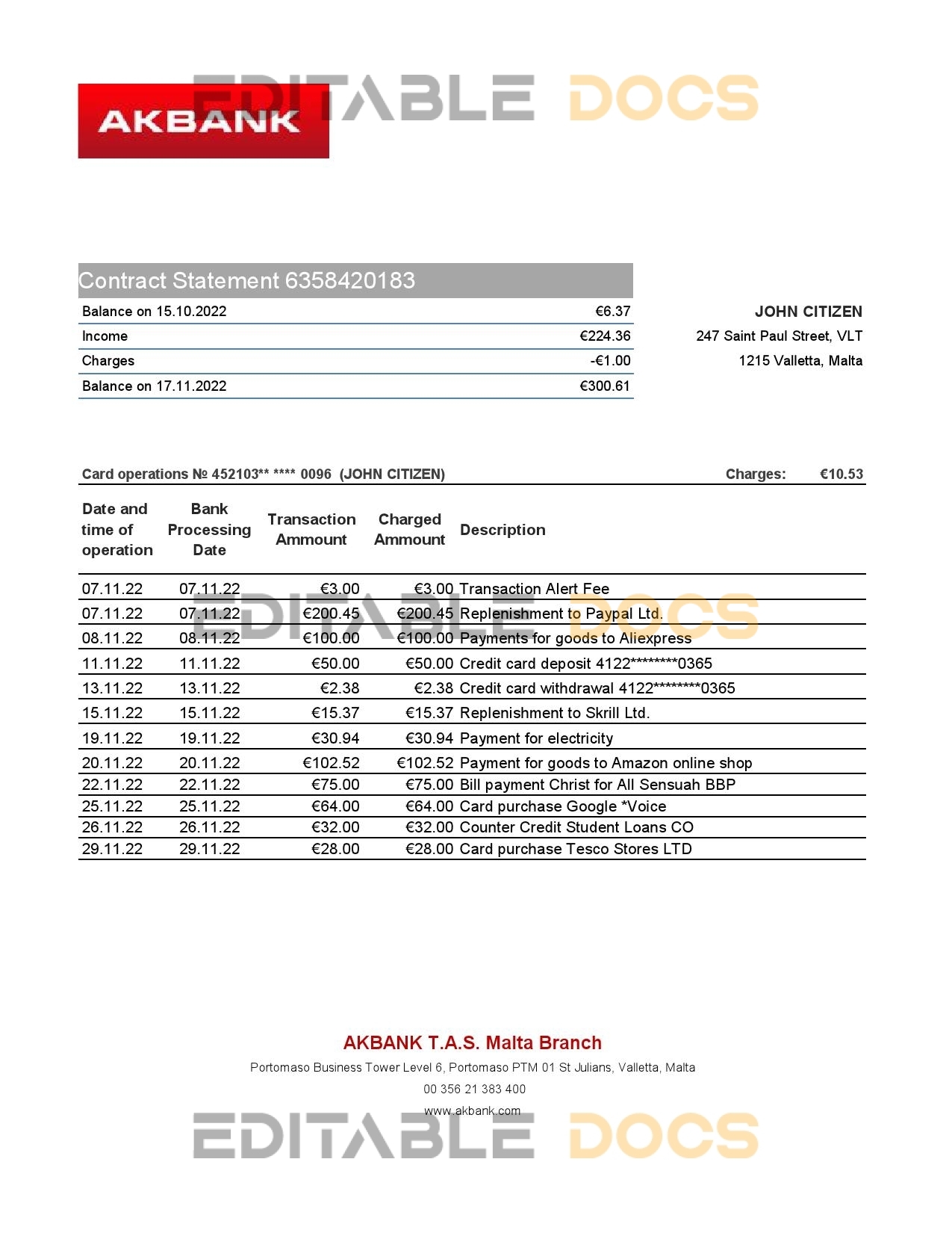 Malta Akbank bank statement Excel and PDF template