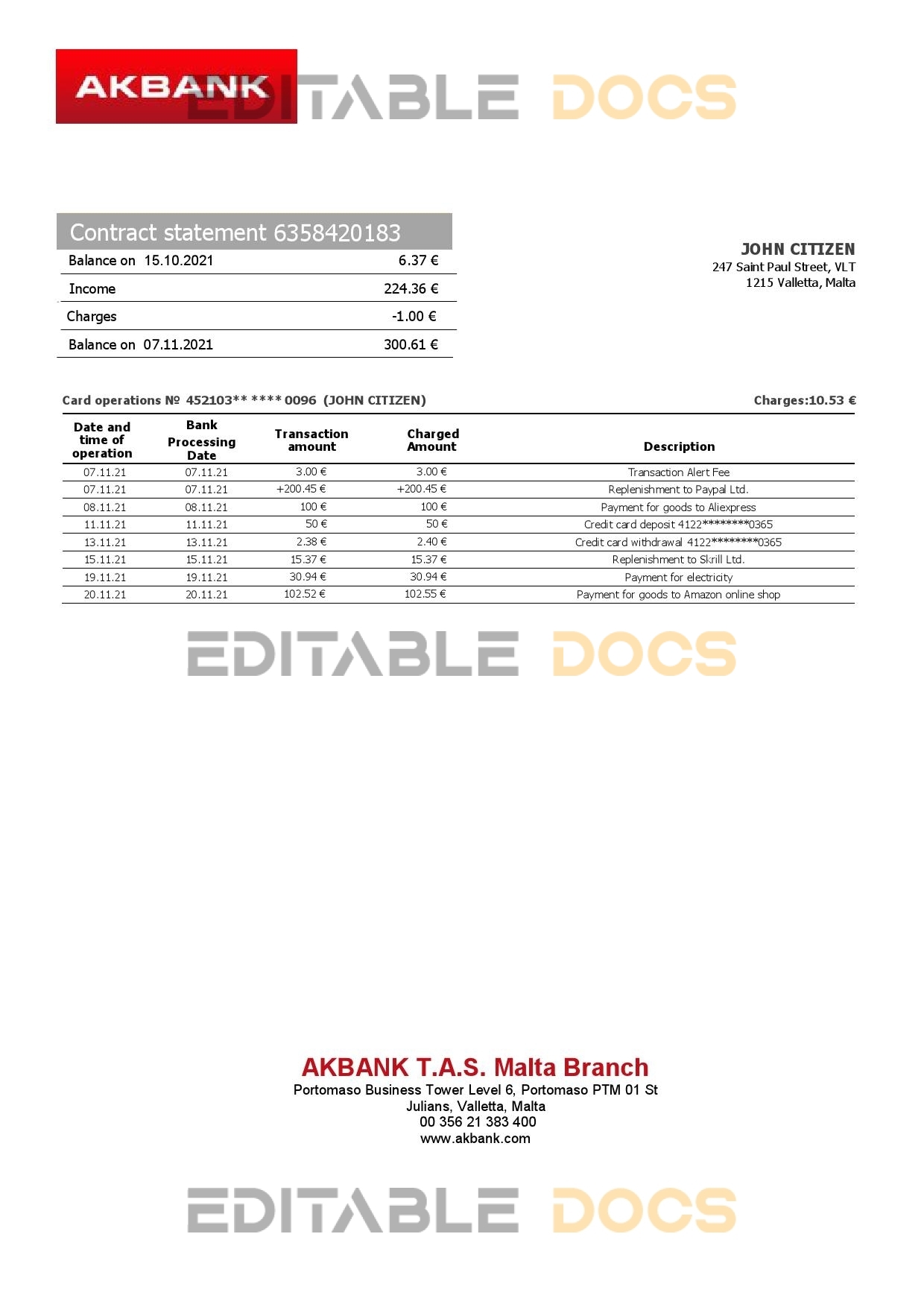 Malta Akbank bank statement template in Word and PDF format