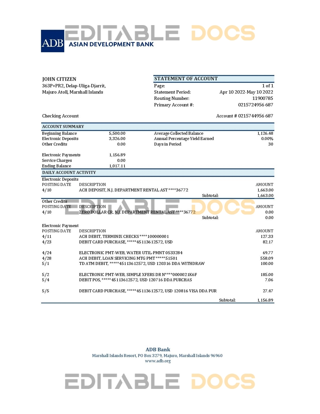 Marshall Islands ADB bank statement Excel and PDF template