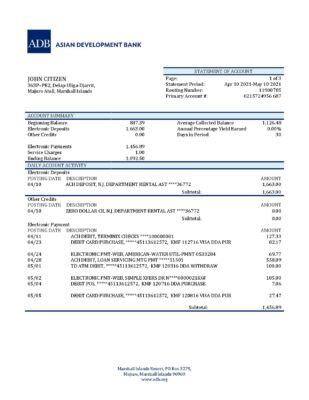 Marshall Islands ADB bank statement template in Word and PDF format
